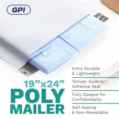 24" x 24" Extra-Large Poly Mailer Envelopes - 200 Count, Self Seal White Plastic Mailing Bags with Adhesive Strip, 2.5 Mil Thick, Waterprrof & Tear/Puncture Proof Unpadded Shipping Mailers - GPI - size: 24" x 24"