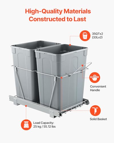 VEVOR Pullout Trash Can for Kitchen Cabinets, 35 QT x2 Double Under Sink Garbage Waste Recycling Bin, Under Mount Waste Container, with Heavy Duty Metal Full Extension Sliding System and Handle Grey - size: 70QT(35QTx2)
