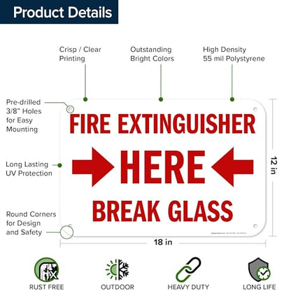 Fire Extinguisher Here Break Glass Sign, (MS-25700) 12x18 Inches, 55 mil thick HDPS (high density polystyrene), Made in USA by My Sign Center - size: 12x18 Polystyrene