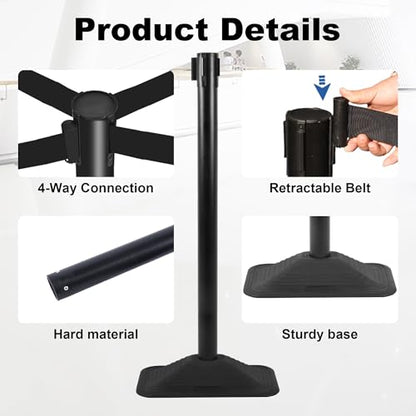 8 Pack Stanchions with 10 ft Retractable Belts Crowd Control Barriers, Heavy-Duty Rectangle Base Stanchions for Queue Management in Airports, Theaters, Hotels, and Retail Stores(Black, 8 Pack) - color: Black