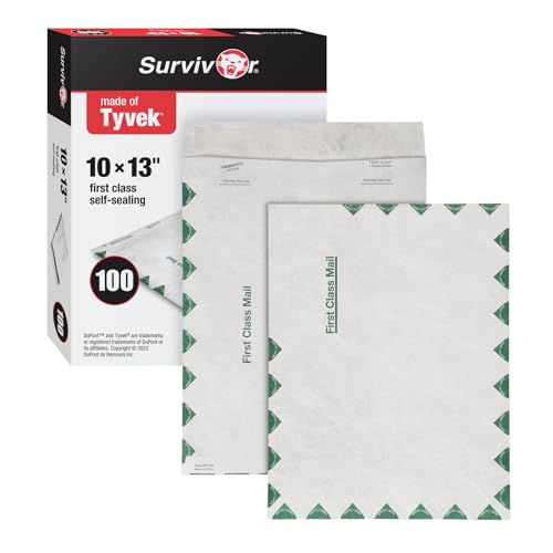 Quality Park Tyvek Envelopes, 100 Pack, Large 10 x 13 Envelopes, First Class Border, Easy-to-Open Tamper Evident Pull Strip, Rip, Puncture & Water Resistant Self Sealing Mailing Envelopes, White - size: 10 x 13