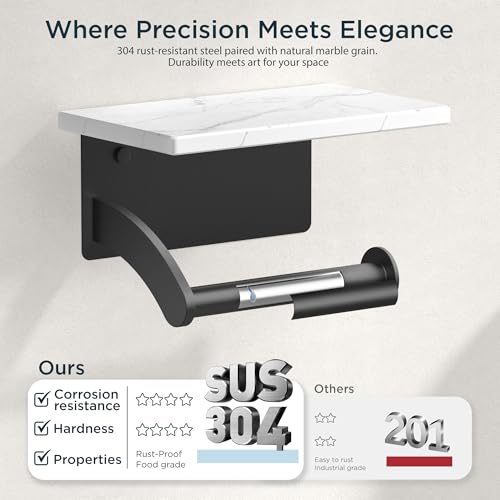 FORIOUS Natural Marble Toilet Paper Holder with Phone Shelf, Commercial - color: Matte Black, size: Single Roll
