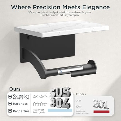 FORIOUS Natural Marble Toilet Paper Holder with Phone Shelf, Commercial - color: Matte Black, size: Single Roll