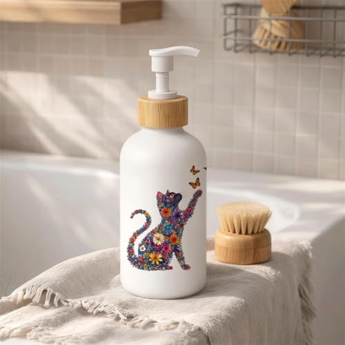 Boho Floral Cat Glass Soap Dispenser with Pump - color: Floral Cat