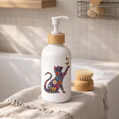 Boho Floral Cat Glass Soap Dispenser with Pump - color: Floral Cat