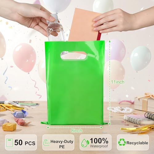 VieFantaisie 50 PCS Green Party Favor Bags, 8" x 11" Goodie Bags for Candy Treat Craft Easter Egg, Plastic Gift Bag with Die Cut Handles for Birthday Party, School Events & Small Business, Wedding - color: Green-50PCS-8x11Inch