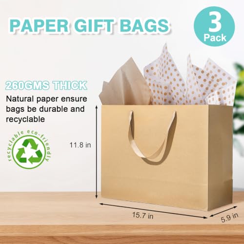 Plauthus 15.7" Brown Gift Bags, 3-Pack with Tissue Paper and Ribbon - color: brown-XL-3pcs