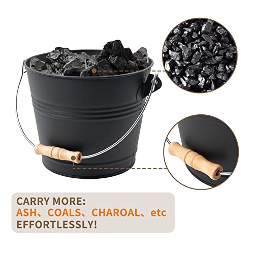 Poofzy Ash Bucket for Fireplace, 1.3 Gallon Ash Bucket with lid for Wood Stove, Includes Shovel, Broom and Gloves Indoor & Outdoor - size: 1.3 Gallon (Black)