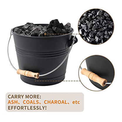 Poofzy Ash Bucket for Fireplace, 1.3 Gallon Ash Bucket with lid for Wood Stove, Includes Shovel, Broom and Gloves Indoor & Outdoor - size: 1.3 Gallon (Black)