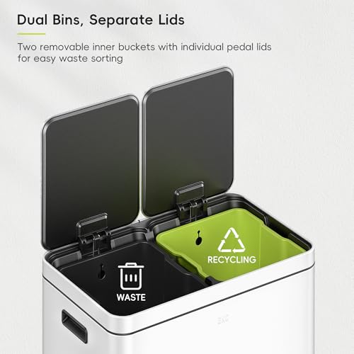 EKO Edison 8+8 Gallon Dual Trash Can for Recycling and Trash, Stainless Steel Kitchen Step Can with Dual Removable Inner Bucket, Independent Lids and Pedals, White - color: Matte White, size: 30L+30L