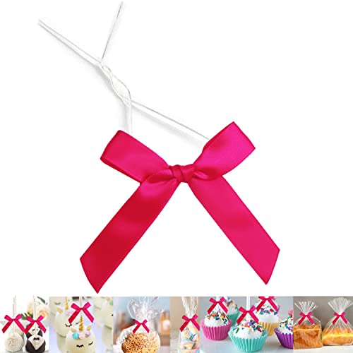50 PCS 3 Inch Twist Bows for Treat Bags, Satin Twist Tie Bows, Pre Tied Bows with Wire, Ribbon Bows with Twist Ties, Bow Ties for Gift Bags, Popcorn Bags, Cookie Bags, Party Favors (Hot Pink) - color: Hot Pink, size: 50 Pack
