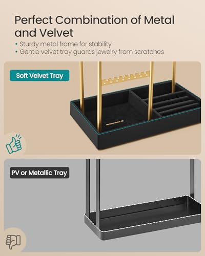 SONGMICS Jewelry Holder, Display Stand, Metal Frame, Velvet Tray - color: Pale Gold + Ink Black, size: 4.5"D x 7.7"W x 12.1"H
