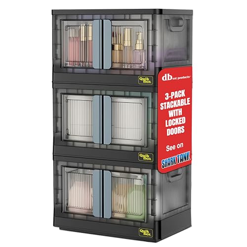 Quik Box - 8.5 Gallon 3-Pack Stackable Storage Bins with Doors & Wheels - Collapsible Organizer for Dorms, Bedroom & Home - Durable Polystyrene - Black - color: Noir