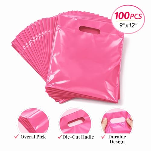 100PCS Pink Plastic Bags with Handles, 9 x 12 Inch - color: 03-Pink, size: 9"x12"
