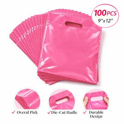 100PCS Pink Plastic Bags with Handles, 9 x 12 Inch - color: 03-Pink, size: 9"x12"