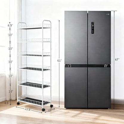 10in 6 Tier Slim Storage Cart with Wheels,White Narrow Space Rolling Shelving Unit, Metal Wire Mobile Organizer Rack for Kitchen Bathroom Office Laundry - size: 10in White