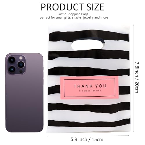 MOCCNORA 100 Pack Plastic Thank You Merchandise Bags with Die Cut Handles - color: BlackStripe, size: 5.9x7.8 Inch