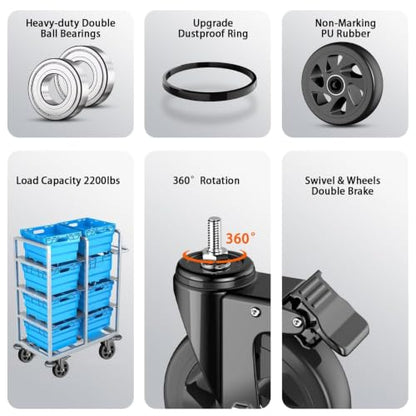 5 inch Caster Wheels, 3/8"-16 x 1 Threaded Stem Casters Set of 4(Stem Diameter 3/8", Stem Length 1"), No Noise Safety Dual Locking Polyurethane (PU) Wheels, Swivel Heavy Duty Casters 2400lbs - color: Black-3/8"-16x1", size: 5 Inch