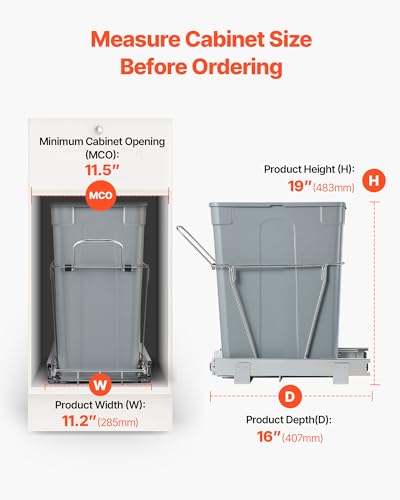VEVOR Pullout Trash Can for Kitchen Cabinets, 35 QT Garbage Waste Recycling Bin, Under Mount Waste Container, with Heavy Duty Metal Full Extension Sliding System and Handle, for Sink, Under Counter - size: 35 QT, style: No Soft-Close Slide