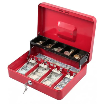 KYODOLED Locking Cash Box with Lock,Money Box with Cash Tray,Lock Safe Box with Key,Money Saving Organizer,11.81Lx 9.45Wx 3.54H Inches,Red XL Large - color: Red