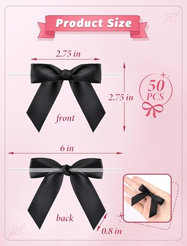 50 Pcs Satin Ribbon Black Bows, 2.75" Twist Tie Bows for Gift Wrapping - color: Black