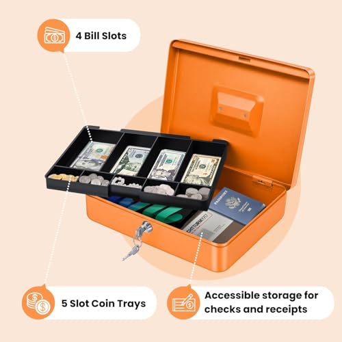 Flexzion Small Cash Box with Money Tray and Lock, 11.4-Inch, Orange - color: Orange