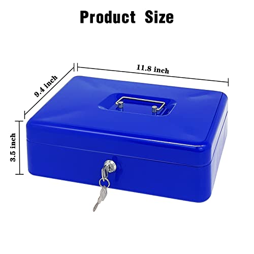 Steel Cash Box with Key Lock, Metal Small Money Organizer with Money Tray,Cash Storage Box with Lockable Cover (Blue - 12 inch) - color: Blue - 11.8" x 9.4" x 3.5"