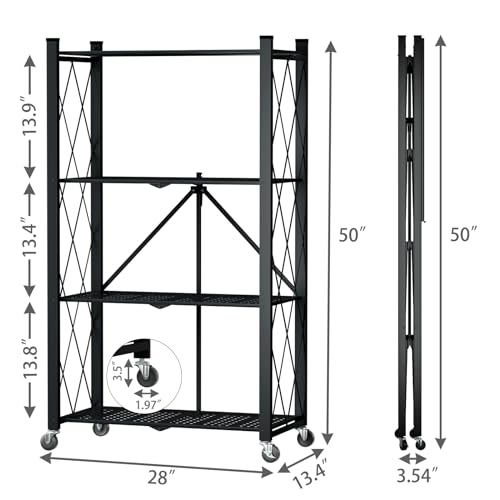 4 Tier Foldable Storage Shelf with Wheels, Metal Steel Collapsible Shelves - color: Black, size: 4 Tier