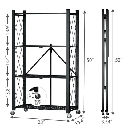 4 Tier Foldable Storage Shelf with Wheels, Metal Steel Collapsible Shelves - color: Black, size: 4 Tier