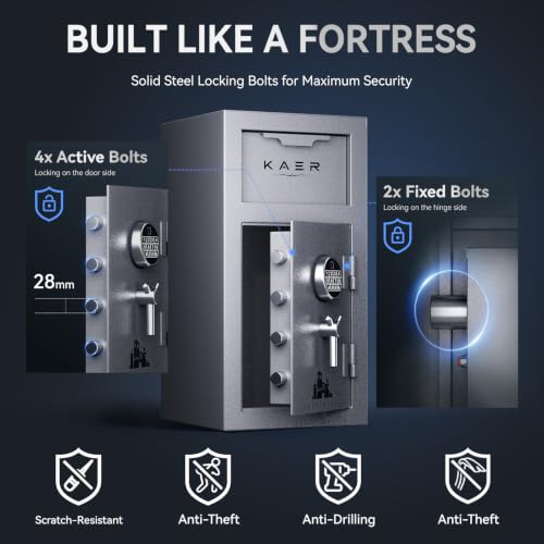 KAER 3.1 CuFt Drop Safe for Business, Depository Safe with Drop Slot, Heavy Duty Steel Safe with Fingerprint Lock, 12 Gauge, 6 Locking Bolts, Anti-Fish Baffle for Restaurant, Retails, Church, Pharmacy - size: 3.1 CuFt - 71.5lbs