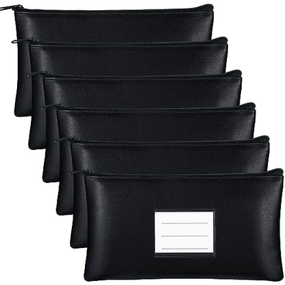 Paterr 6 Pcs Money Bags with Zipper PU Leather Deposit Bank Bag Security Money Pouch Receipt Holder Bank Pouch Wallet with Label for Cash Coin Makeup Cosmetics Bills Tickets, 11 x 6 Inch(Black) - color: Black