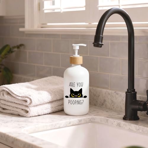Black Cat Bathroom Glass Soap Dispenser, are You Pooping Hand Soap Dispenser for Bathroom, Black Cat Lover Gifts Refillable Handsoap Pump Bottle for Washroom Restroom Countertop