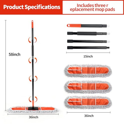 36" Large Commercial Dust Mops for Industrial Floor ，Marble, Laminate,Tile,Concrete,Garage. Janitor Broom Wide Dry mop for Hardwood ,Heavy Duty Long Handle Hotel Gym Household Cleaning Supplies