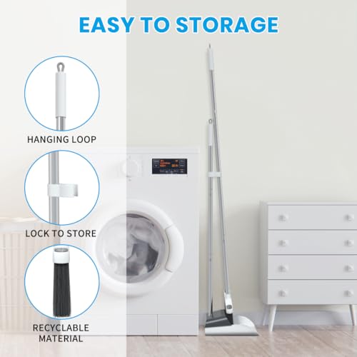 Stand Up Dustpan and Broom Set 50” Long Handle Broom with Dust Pan, 20° Angled for Ergonomic Home Office Indoor Sweeping - color: Gray
