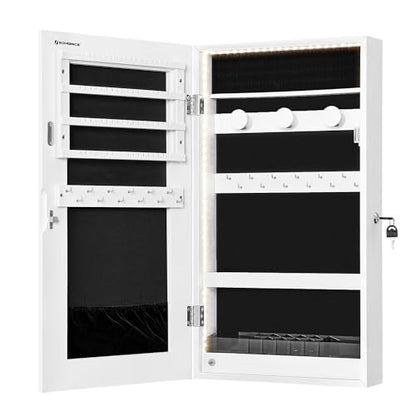 SONGMICS Lockable Jewelry Cabinet Armoire with Mirror, Wall-Mounted - color: White, style: Simple LED
