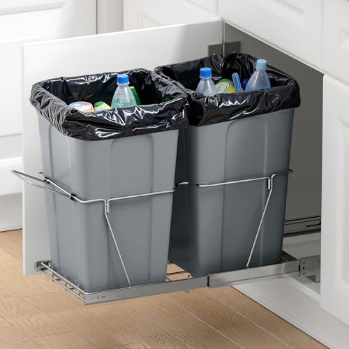 VEVOR Pullout Trash Can for Kitchen Cabinets, 27QTx2 Double Under Sink Garbage Waste Recycling Bin, Under Mount Waste Container, with Heavy Duty Metal Full Extension Sliding System and Handle Grey - size: 54QT(27QTx2)