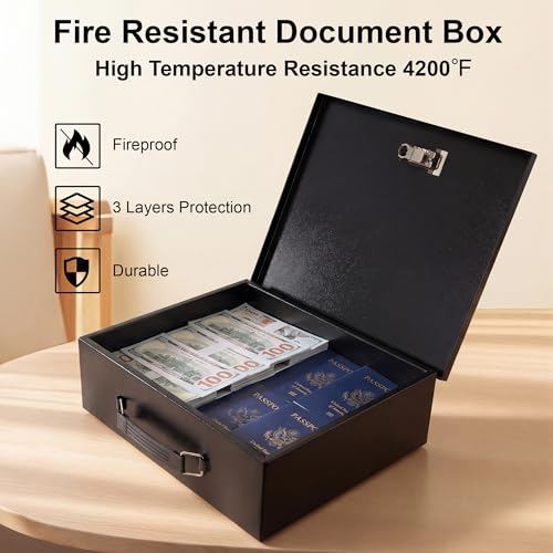 Fireproof Document Box with Combination Lock & Fireproof Money Bag, Large Safe Storage Box for Valuables, Fireproof Box for Documents,Passport, Cash 13.2''x 11''x4.1", Black