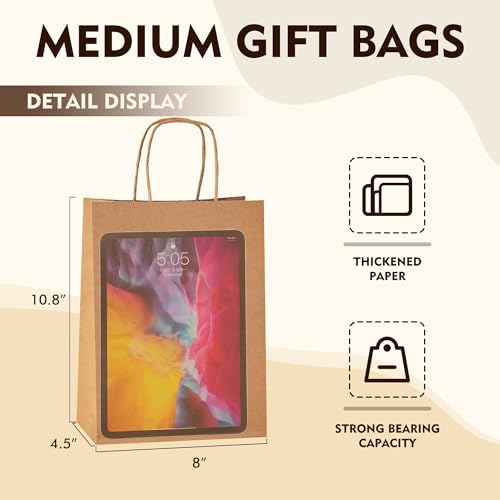 YEEHAW 100 pcs Brown Paper Gift Bags with Handles, 8"x4.5"x10.8", Medium - color: Brown 8x4.5x10.8, size: 1 Count (Pack of 100)