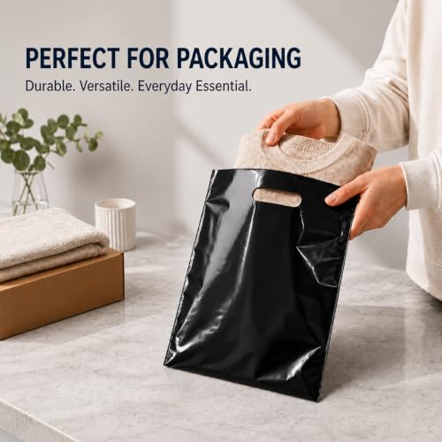 Purple Q Crafts 100 Count Black Plastic Merchandise Bags, 12" x 15", Die-Cut Handle Retail Shopping Bags, Plastic Gift Bags for Retail Stores and Events