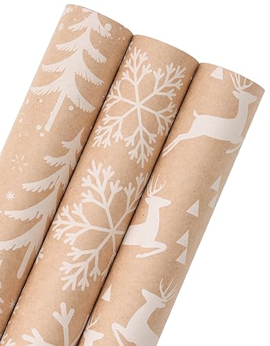 WRAPAHOLIC Kraft Christmas Wrapping Paper Roll - Mini Roll - 3 Rolls - 17 Inch X 120 Inch Per Roll - White Christmas Tree, Reindeer, Snowflake Holiday Collection - color: Kraft - White