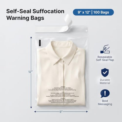 9” X 12” (100 Count) Self Seal Clear Poly Bags with Suffocation Warning - size: 9" X 12"