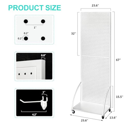 NectaCol 2'x 6' Metal Pegboard Display Stand with a Plate, Peg Board Panels, Standing Pegboard Display, Craft Fair Display Rack, Art Display Stand, Extra 10 pieces Hooks - White - color: 1 Pack White