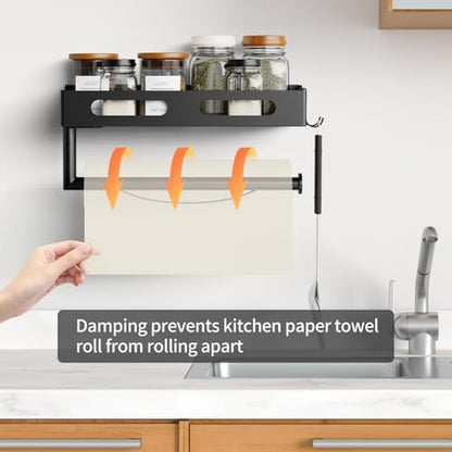 Paper Towel Holder Wall Mount for Kitchen, Paper Towel Holder with Shelf for Bathroom, RV Paper Towel Rack, Spice Rack with 2 Hooks,Matte Black - color: Matte Black