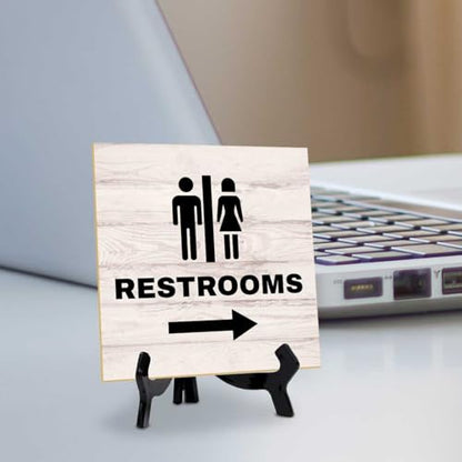Restrooms Right 5"x 5" Square Table Sign With Acrylic Easel | General Office Notices & Business Table Signs - color: Restrooms Right