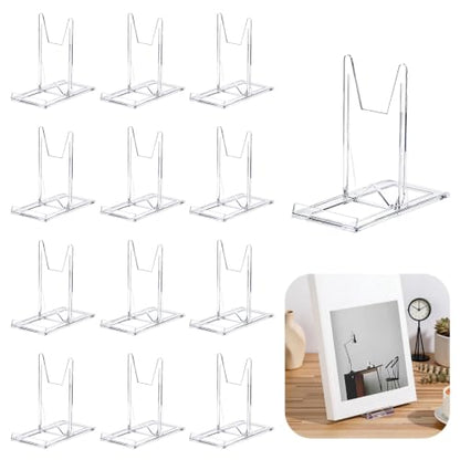 12 Pack Acrylic Book Stand, Adjustable Clear Display Easel for Magazine Comic Book CD Album Artwork Postcard Brochure, Home Office Desktop Organizer(4.2 x 4.3 x 2.35 Inch)