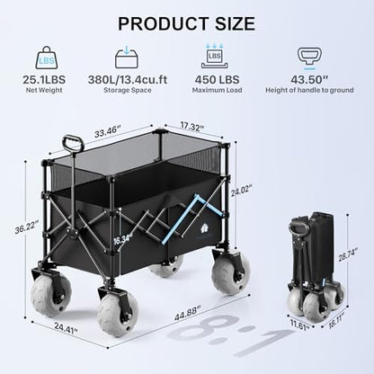 Beach Wagon with Big Wheels for Sand, 450LBS Heavy Duty Foldable Wagon Cart - color: Black, size: 380L