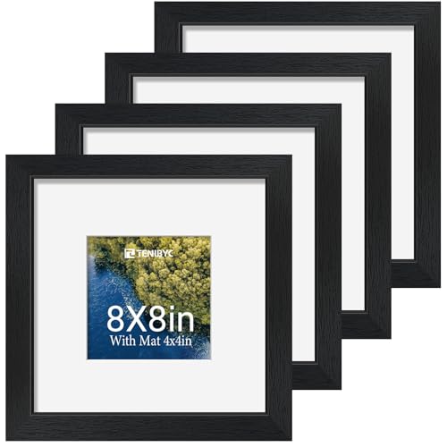 8x8 picture frames 4 Pack, 4x4 Mat, Black Wood, Glass, for Photo - color: Black, size: 8 X 8
