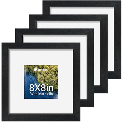 8x8 picture frames 4 Pack, 4x4 Mat, Black Wood, Glass, for Photo - color: Black, size: 8 X 8