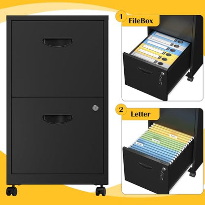 SteeLoong 2 Drawer File Cabinet,Metal Mobile File Cabinet with Lock Black - color: Black, style: 2 Drawer on Wheels