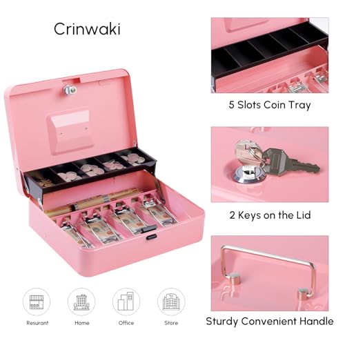 Cash Box with Money Tray and TOP Key & Push-Button Lock, Money Saving Lock Box, Safe Locking Box for Cash Register XL 11.8"x9.45"x3.54" Pink - color: Pink with top key